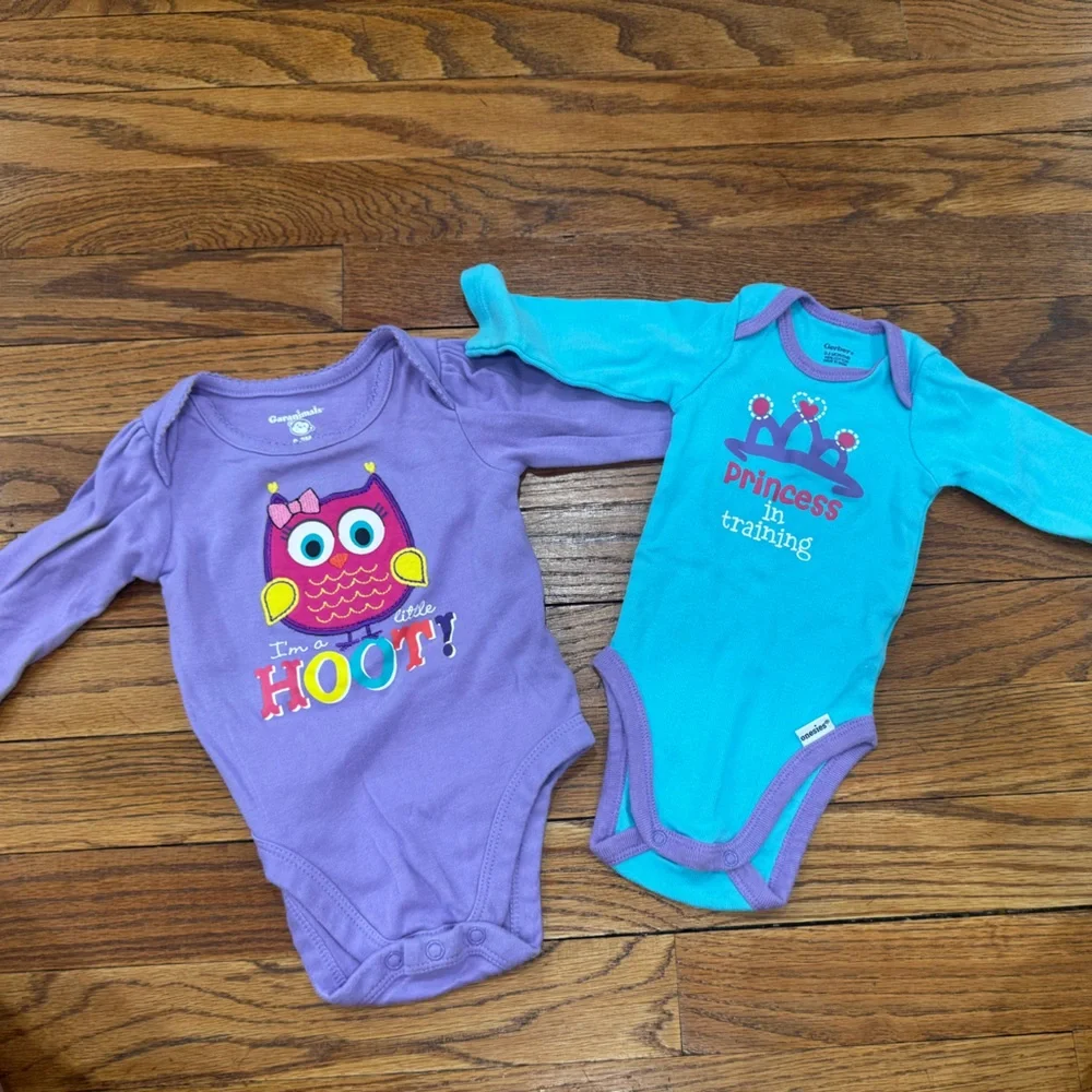 Long sleeve baby girl onesies size 0-3 months Purple and Blue Owl and Princess